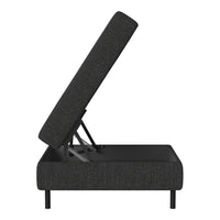 Black upholstered storage bed with textured fabric and a sleek modern design. Perfect for minimalist interiors.