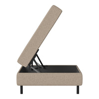 Beige fabric storage bed with a textured pattern and sleek black metal legs, showcasing a modern and minimalist design.