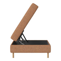 Light brown fabric storage bench with a simple design and black interior, perfect for modern decor.
