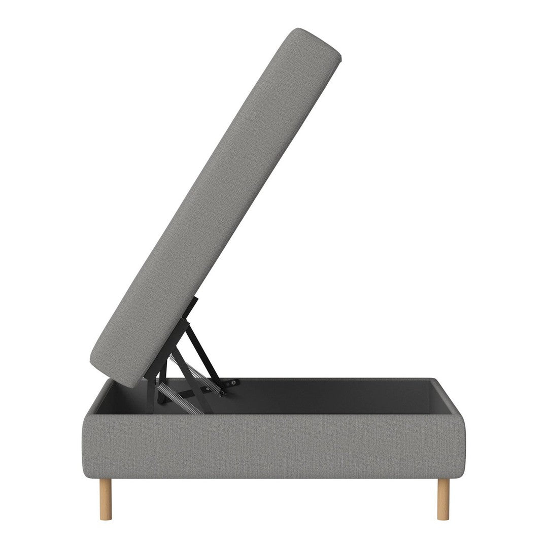 Light gray upholstered storage bed with wooden legs, featuring a clean, modern design and minimalistic pattern.