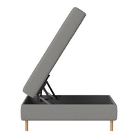 Light gray upholstered storage bed with wooden legs, featuring a clean, modern design and minimalistic pattern.