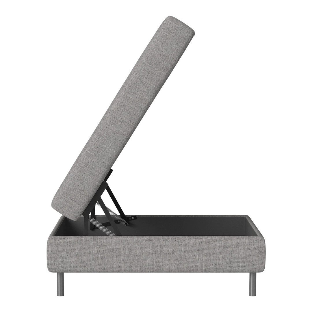 Grey upholstered storage bed with a sleek modern design and minimalist lines. Adjustable headboard feature.