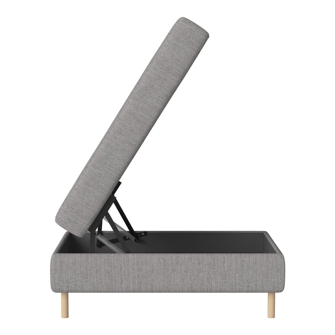 Gray upholstery on a modern lift-top storage bench with natural wood legs, featuring a sleek and minimalist design.