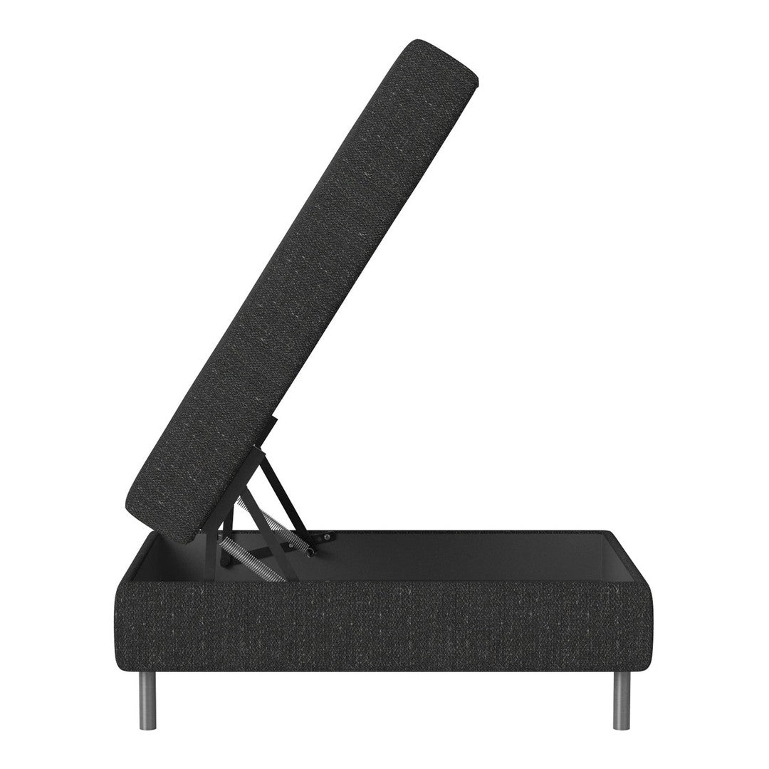 Black upholstered storage bed with a textured fabric and sleek metal legs, showcasing a modern, minimalist design.