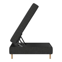 Modern black upholstered storage bed with a textured pattern and light wooden legs, angled for easy access.