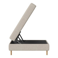 Beige upholstered storage ottoman with wooden legs, featuring a lift-top design and a sleek, minimalist style.