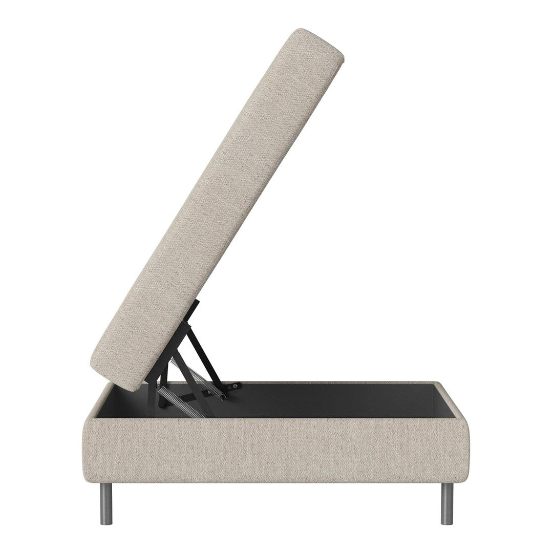 Beige upholstered ottoman bed with a textured fabric pattern, showcasing a modern minimalist design.