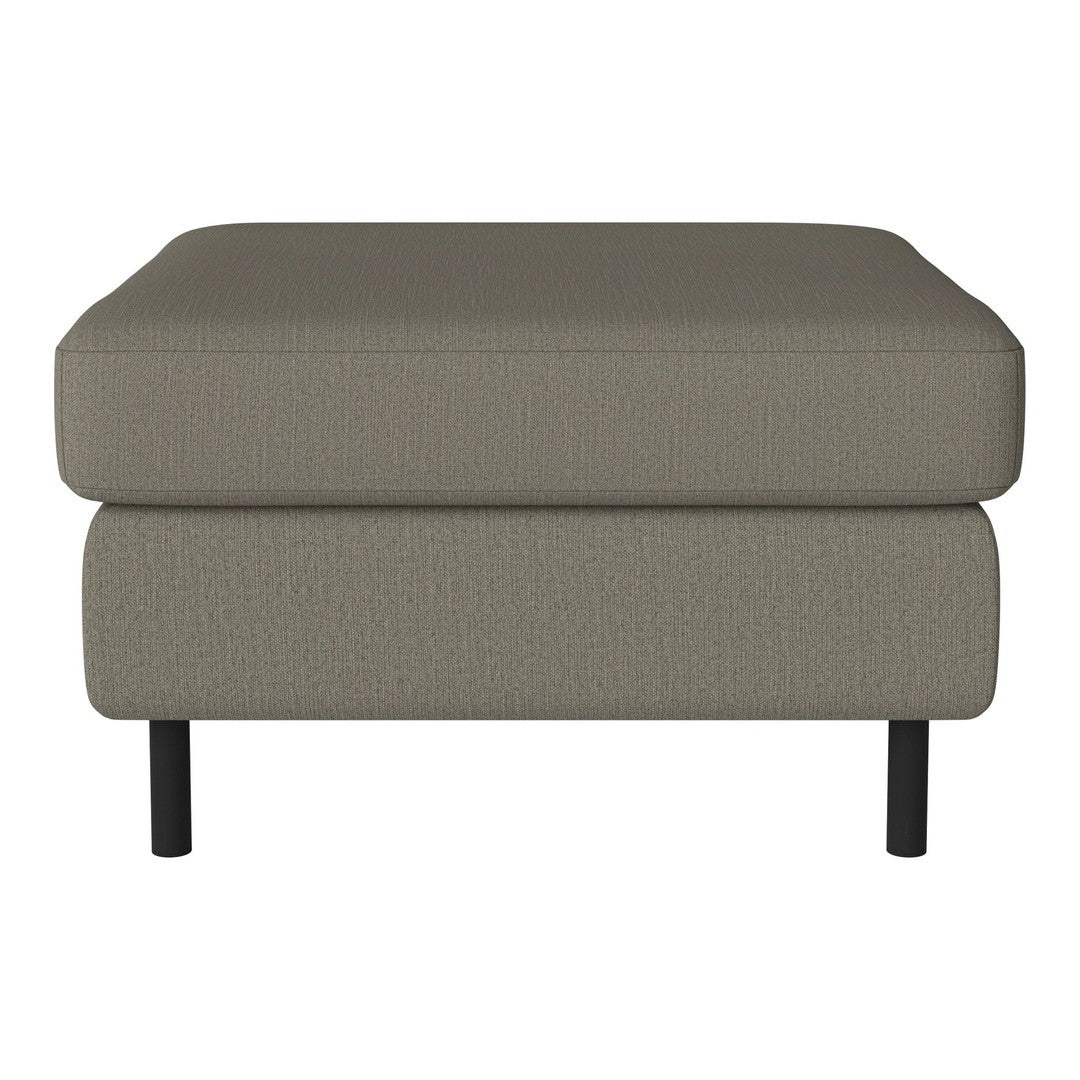 Taupe upholstered ottoman with a smooth fabric texture and solid black legs, featuring a minimalist design.