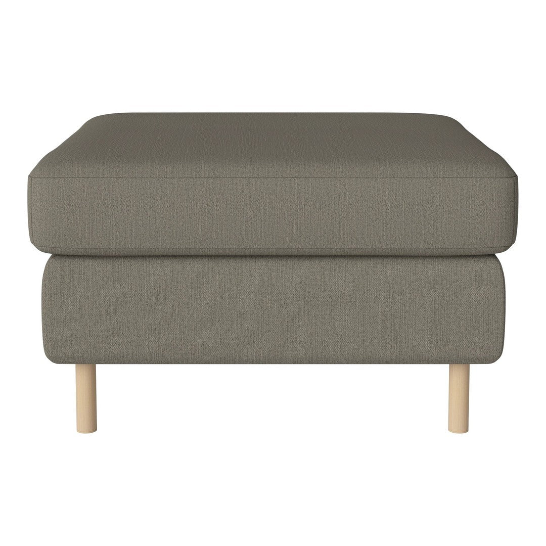 Gray upholstered ottoman with a textured pattern and natural wood legs, perfect for modern decor.