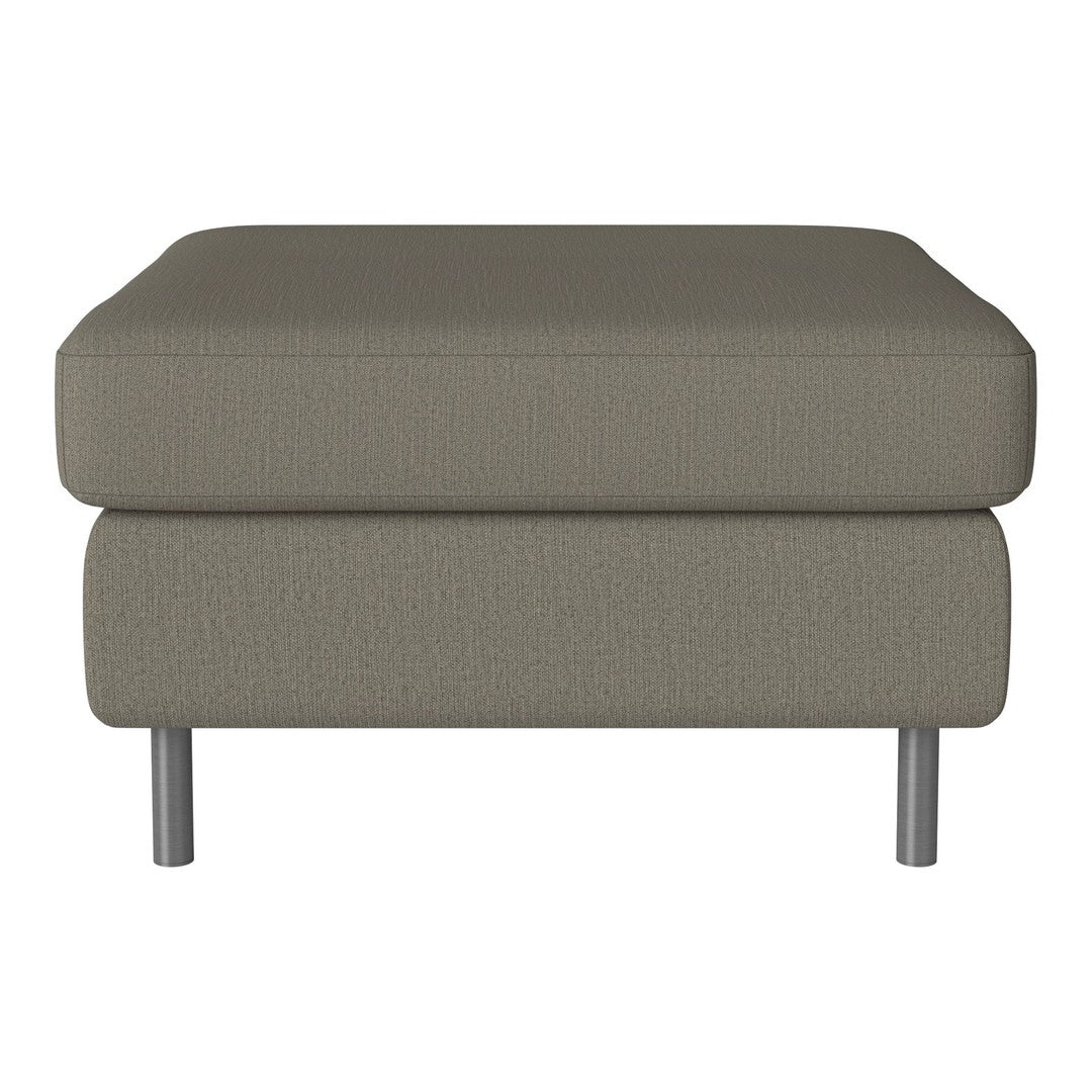 Gray upholstered ottoman with textured pattern and metallic legs, adding modern elegance to any space.