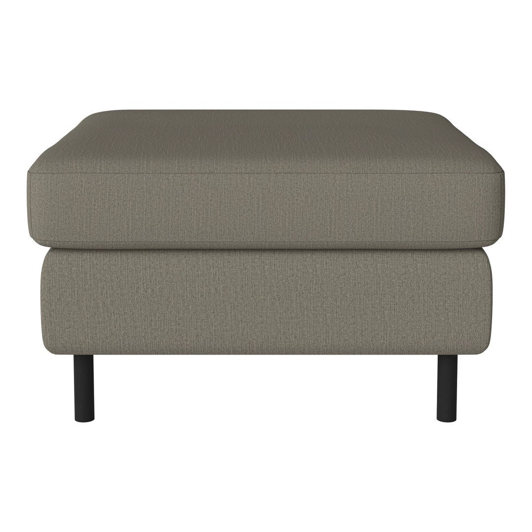 Taupe ottoman with a textured fabric design and black tapered legs, perfect for modern decor.