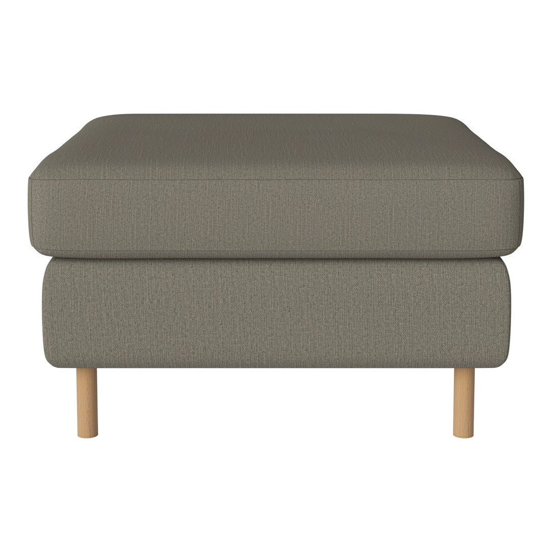 Stylish gray upholstered ottoman with a textured pattern and light wood legs for a modern touch.