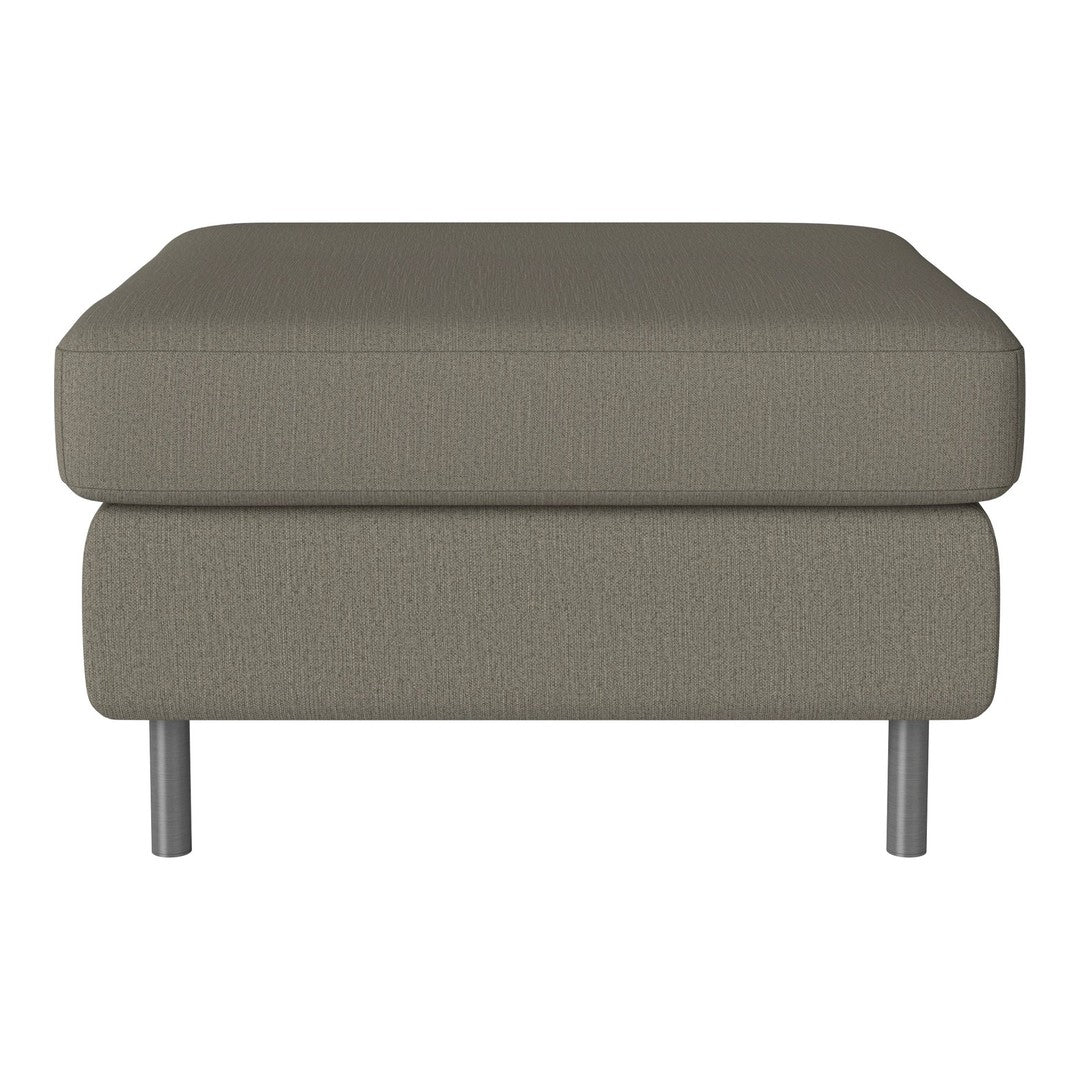 Gray textured ottoman with a smooth surface and minimalist design, featuring metal legs for a modern look.