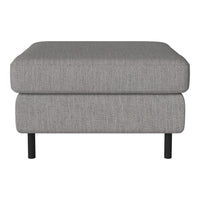 Gray upholstered ottoman with a textured pattern and black metal legs, perfect for modern decor.