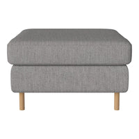 Gray upholstered ottoman with subtle texture, featuring light wooden legs for a modern, minimalist look.