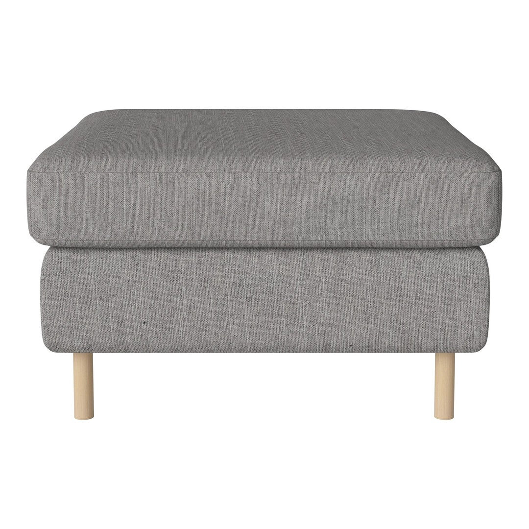 Gray upholstered ottoman with textured fabric and light wooden legs. Simple, modern design perfect for any decor.