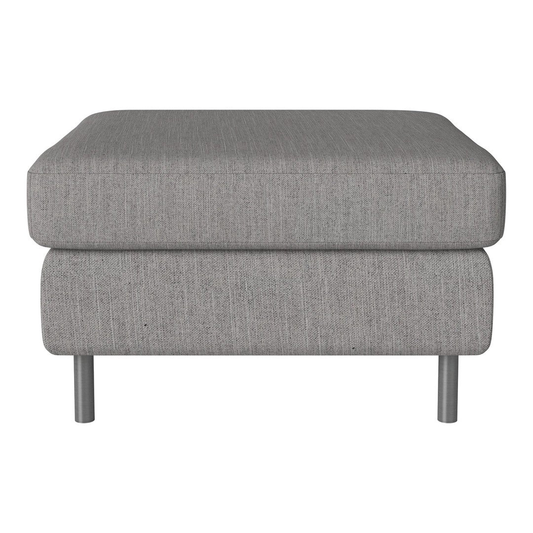 Gray upholstered ottoman with a textured finish, featuring a minimalist design and sleek metal legs.