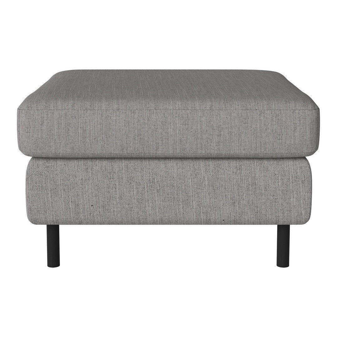 Gray upholstered ottoman with a subtle textured pattern and sleek black legs. Perfect for modern living spaces.