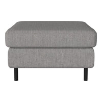 Gray upholstered ottoman with a subtle textured pattern and sleek black legs. Perfect for modern living spaces.
