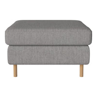 Gray upholstered ottoman with a textured pattern and light wood legs, perfect for modern living spaces.
