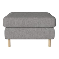 Gray upholstered ottoman with a textured pattern and natural wooden legs, perfect for modern home decor.