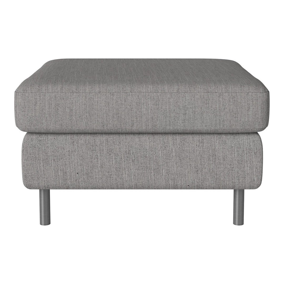 Gray fabric ottoman with a simple, modern design and subtle textured pattern. Elegant and versatile for any decor.