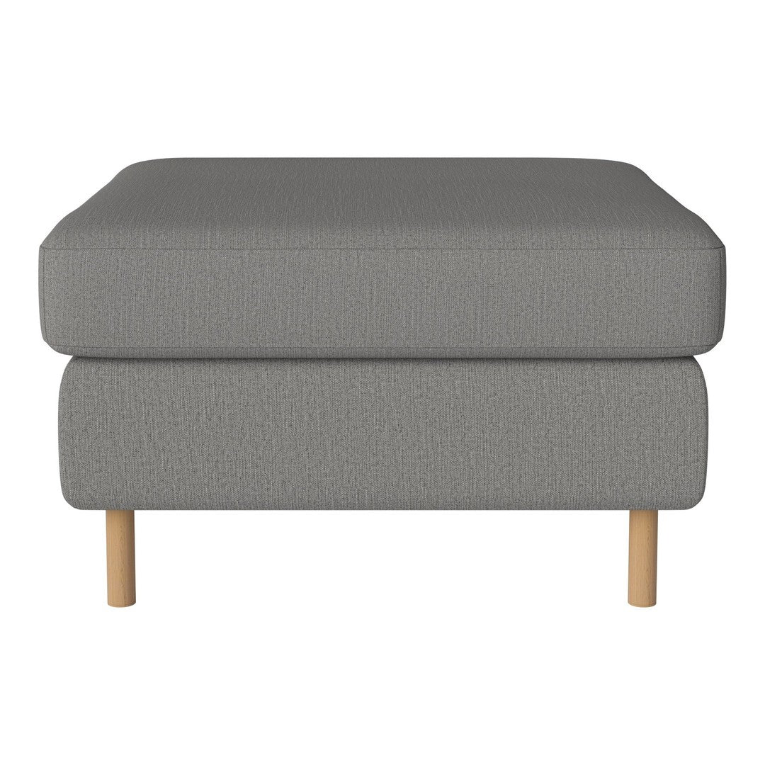 Gray upholstered ottoman with a textured pattern and natural wooden legs. Ideal for modern living spaces.