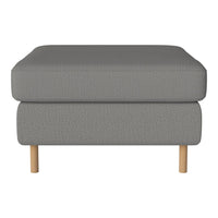 Gray upholstered ottoman with a textured pattern and natural wooden legs. Ideal for modern living spaces.