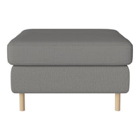 Gray upholstered ottoman with a textured pattern and natural wood legs. Perfect for modern living spaces.