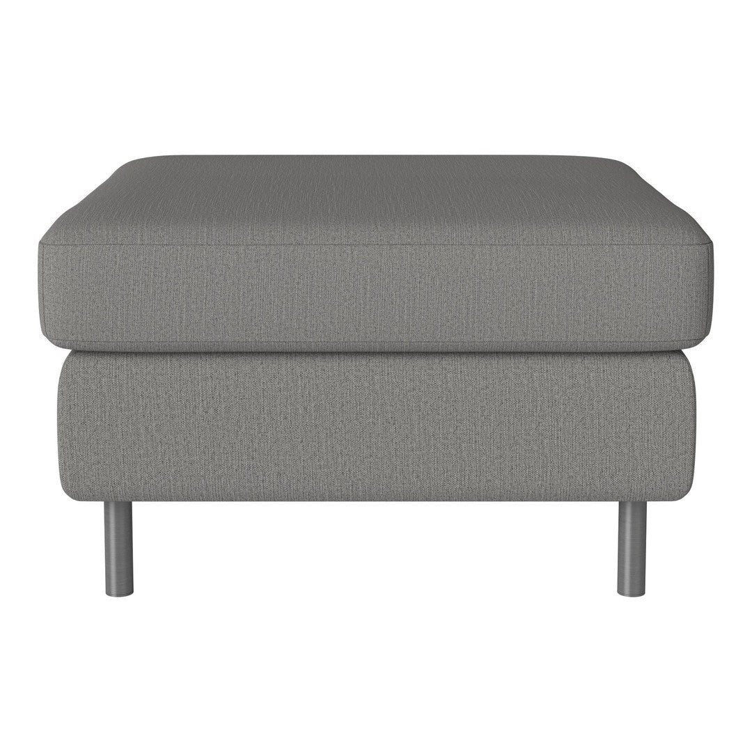 Gray upholstered ottoman with a smooth, modern pattern and sleek metal legs. Ideal for contemporary decor.
