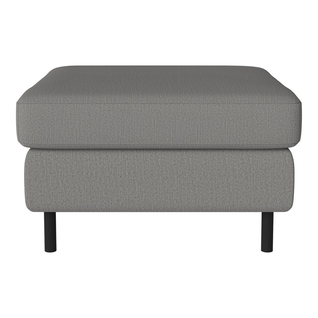 Gray upholstered ottoman with a textured fabric and sleek black legs, perfect for modern decor.