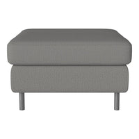 Gray upholstered ottoman with a sleek, textured pattern and silver metal legs. Perfect for modern decor.
