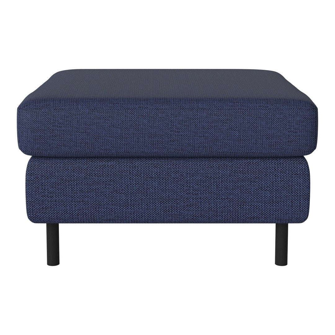 Navy blue upholstered ottoman with a textured pattern and black legs. Modern and stylish accent piece for any room.