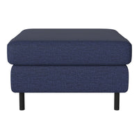Navy blue upholstered ottoman with a textured pattern and black legs. Modern and stylish accent piece for any room.