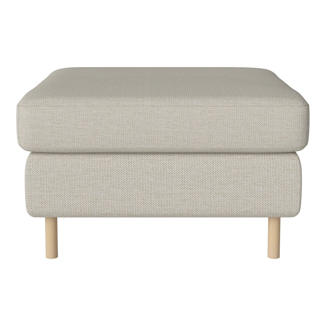 Light beige upholstered ottoman with a textured pattern and wooden legs, ideal for modern decor.