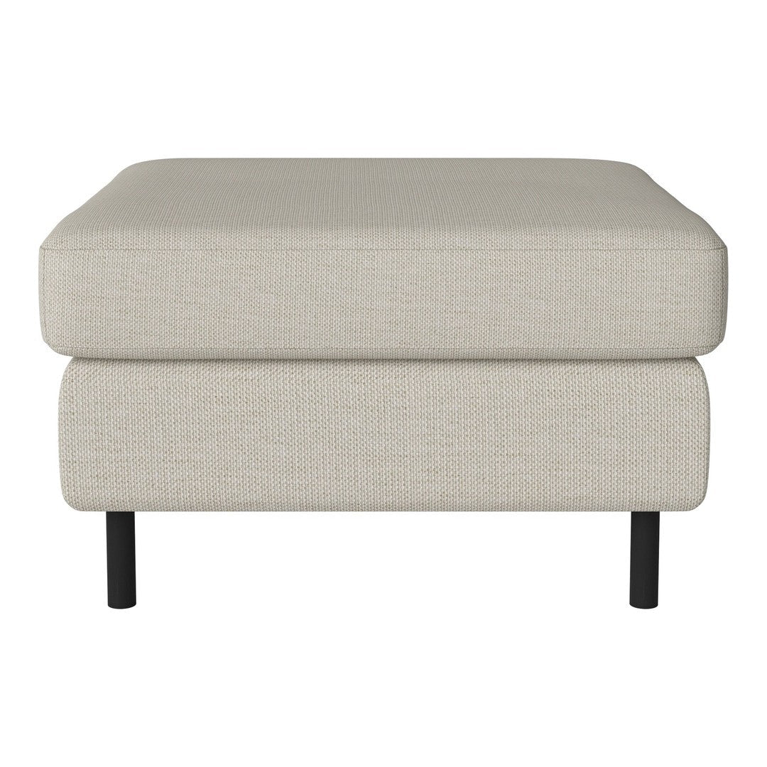 Light beige ottoman with a textured fabric and sleek black legs, featuring a minimalist design and no visible patterns.
