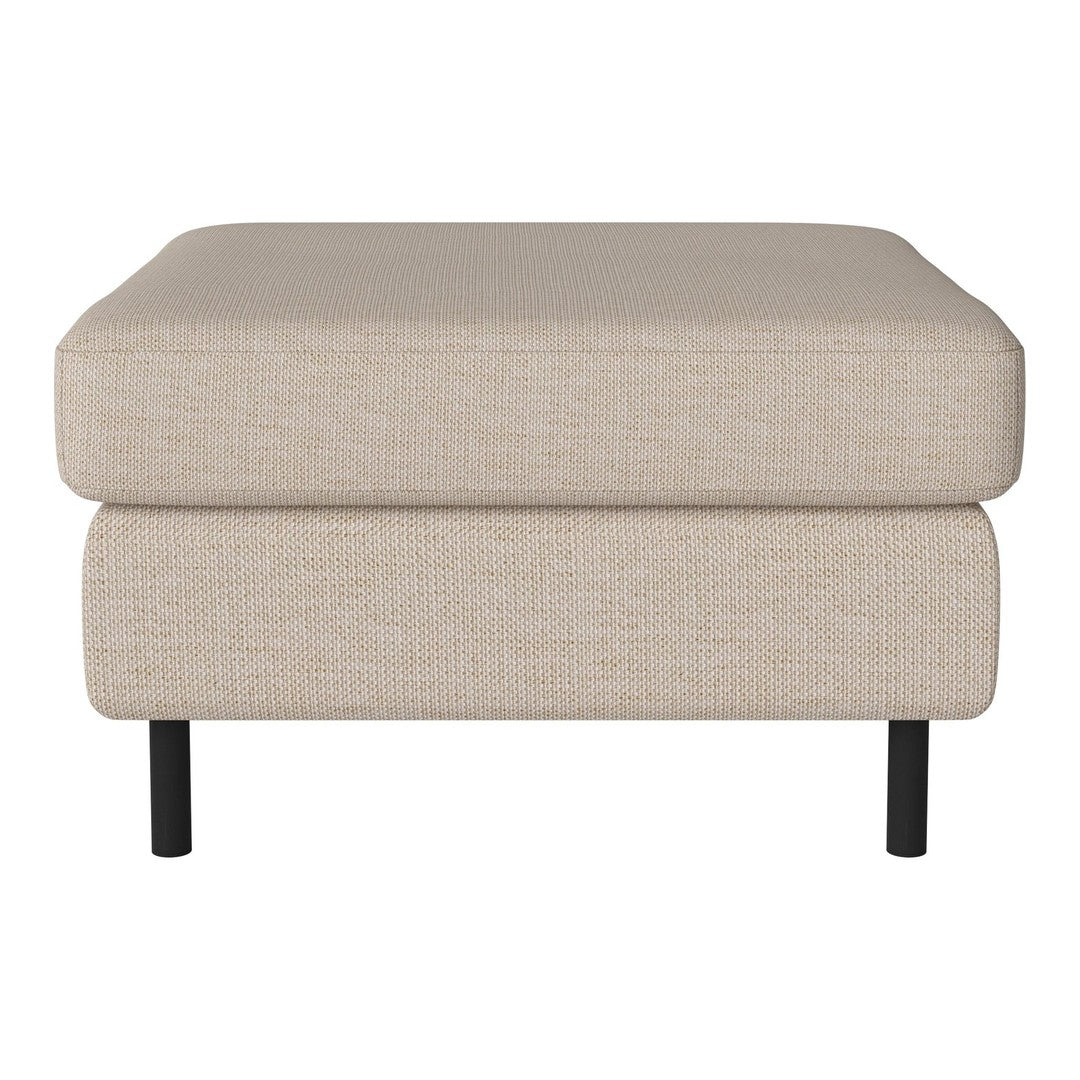 Beige upholstered ottoman with subtle texture and sleek black legs, perfect for modern living spaces.