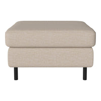 Beige upholstered ottoman with subtle texture and sleek black legs, perfect for modern living spaces.