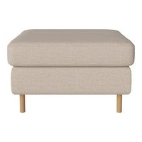 Beige upholstered ottoman with a textured pattern and natural wooden legs. Ideal for versatile home decor.