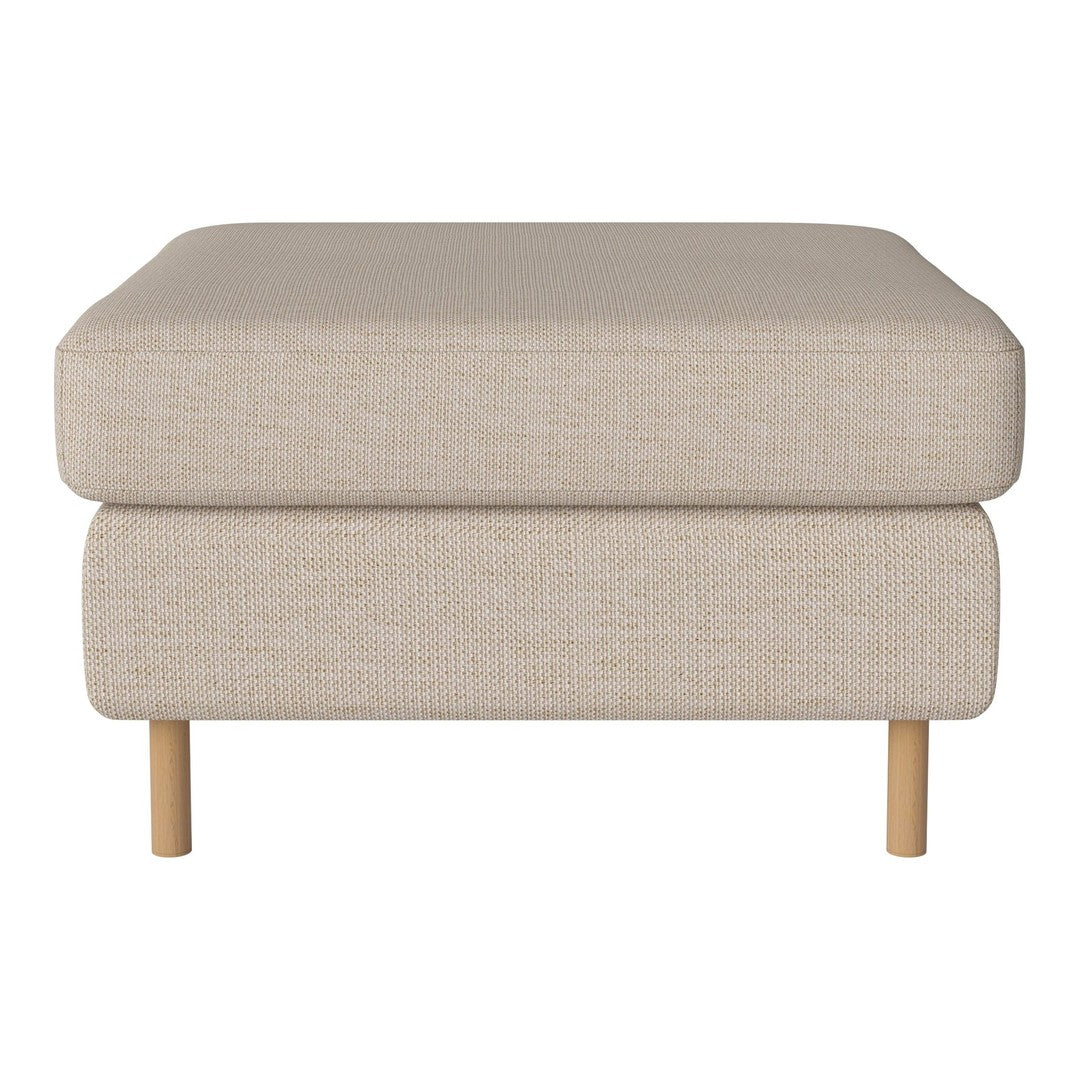 Beige textured ottoman with a clean design and light wooden legs, perfect for versatile home décor.
