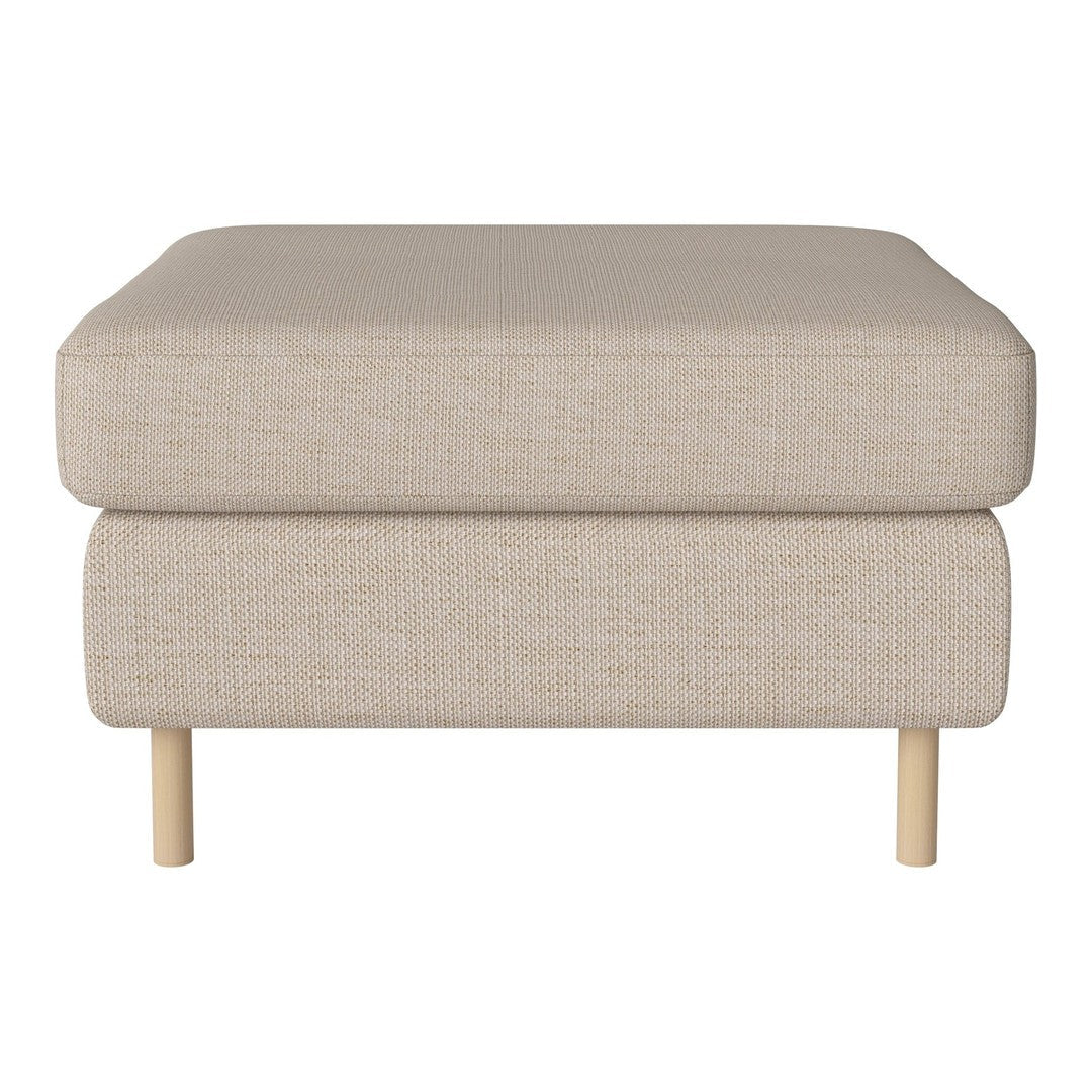 Cream textured ottoman with a minimalist design and light wood legs, perfect for modern living spaces.
