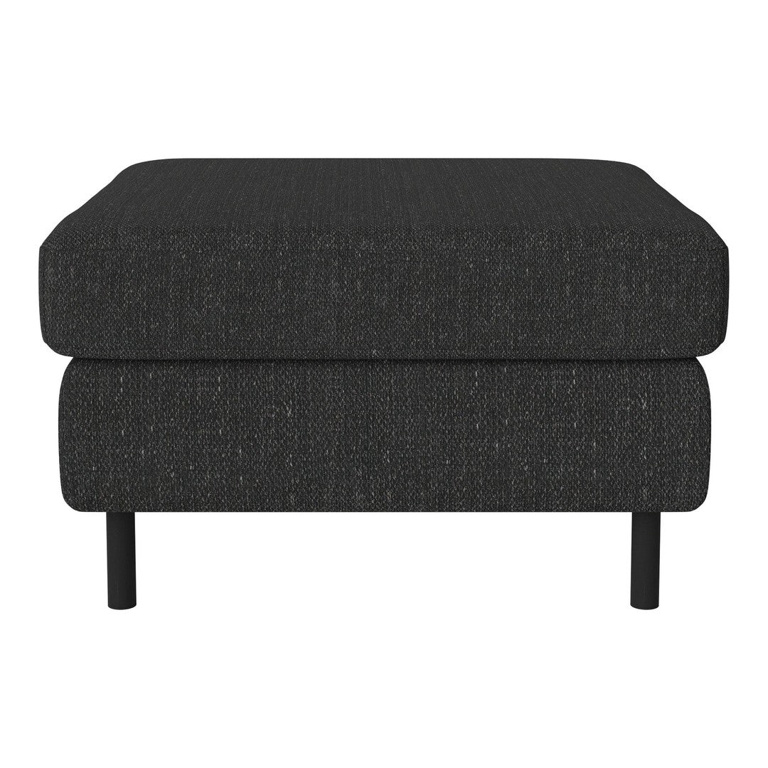 Stylish black ottoman with textured fabric and a modern design, perfect for any contemporary living space.