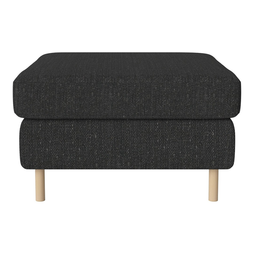 Black textured ottoman with a modern design and light wooden legs, perfect for contemporary interiors.