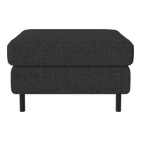 Stylish black ottoman with a textured pattern, featuring a modern design and sturdy black legs.