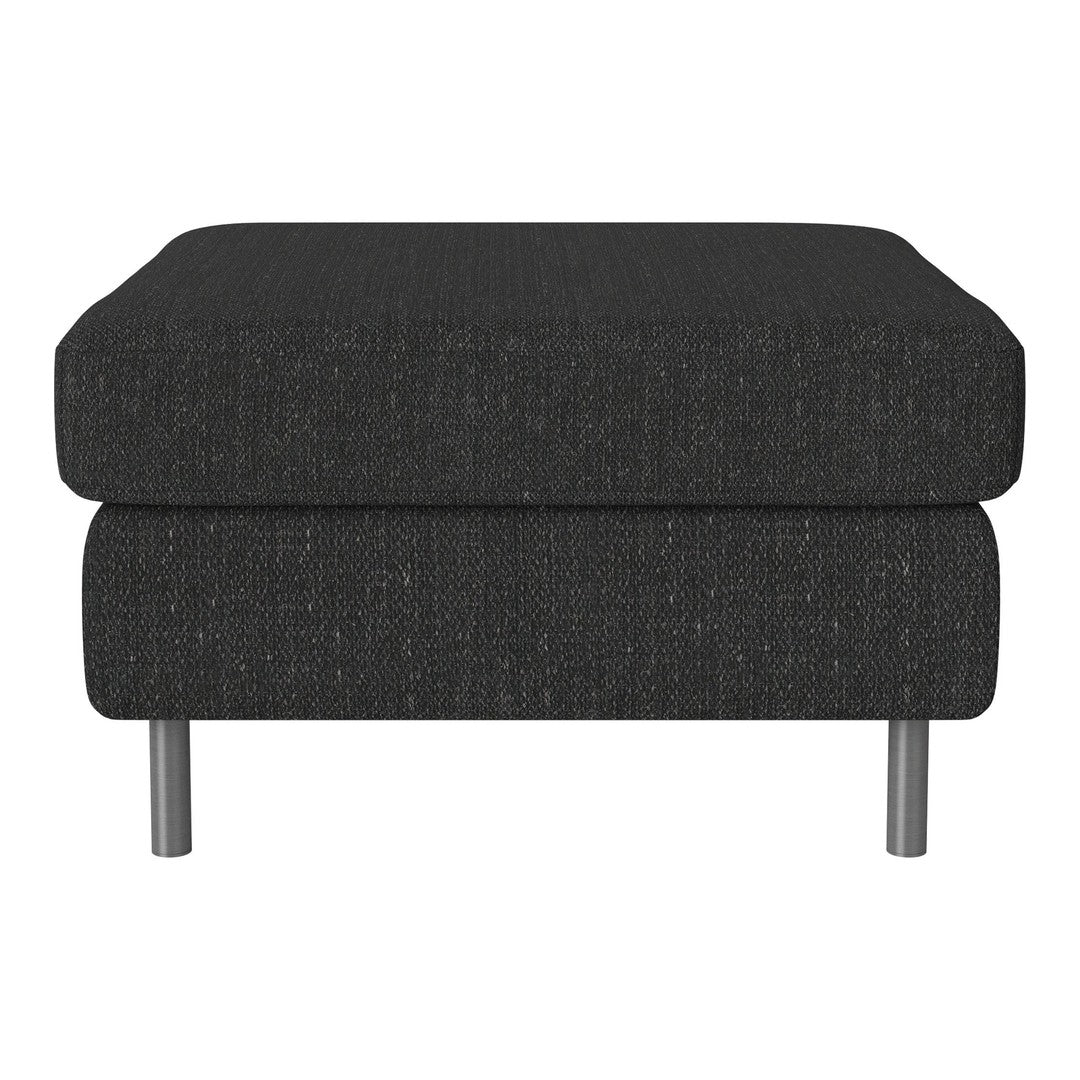Black upholstered ottoman with a textured pattern and sleek silver legs. Perfect for modern living spaces.