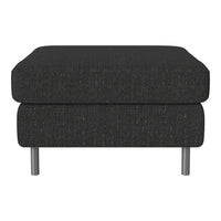 Black upholstered ottoman with a textured pattern and sleek silver legs. Perfect for modern living spaces.