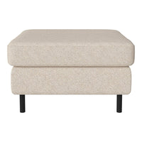 Beige upholstered ottoman with subtle texture and black legs. Perfect for modern and minimalist decor.