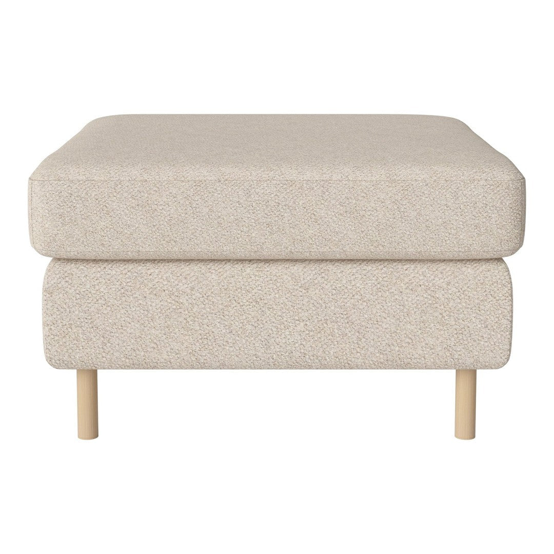 Beige textured fabric ottoman with a minimalist design and light wooden legs, perfect for modern decor.
