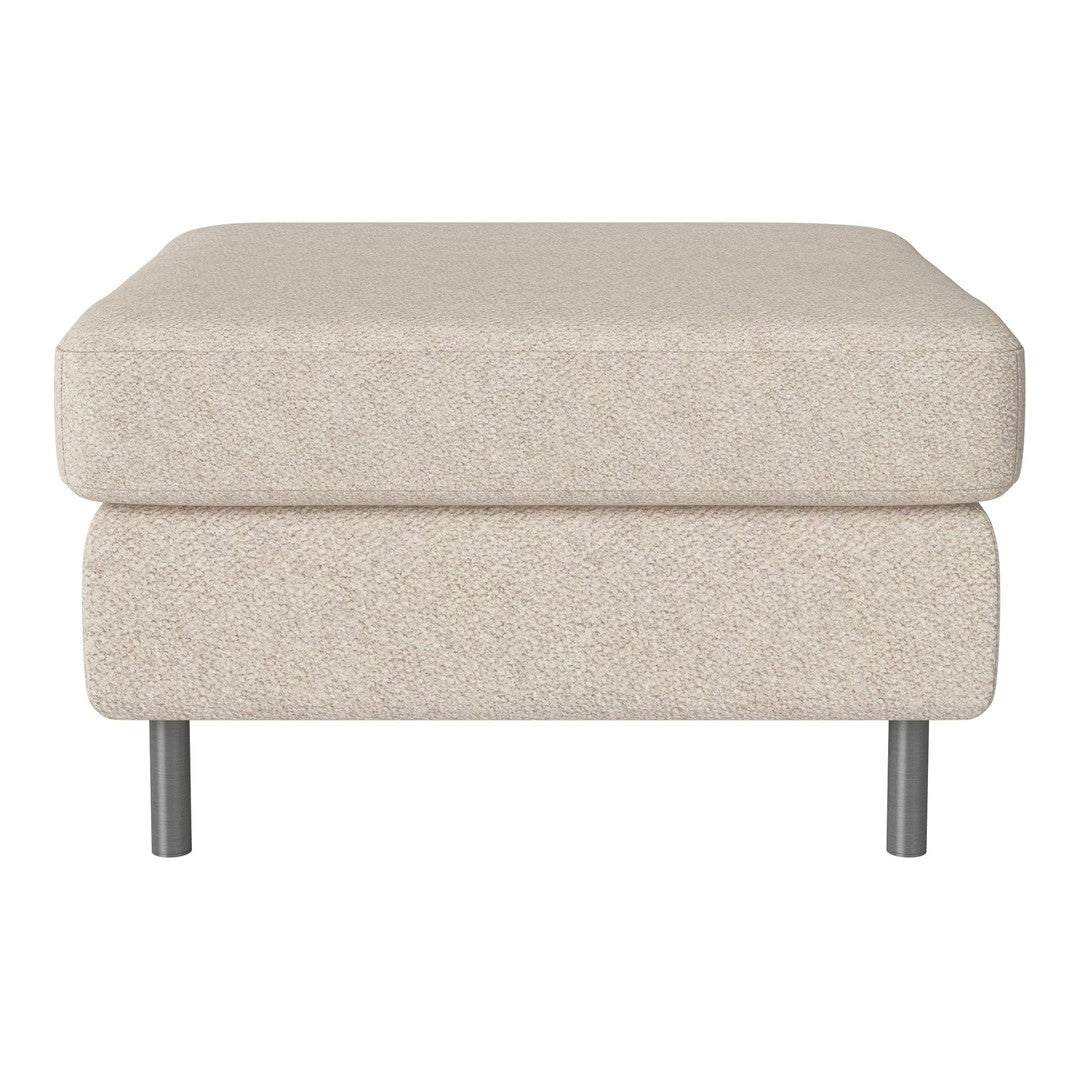 Beige upholstered ottoman with a textured fabric and sleek metal legs, perfect for modern decor.