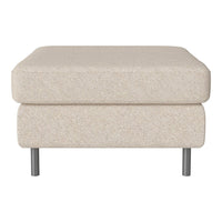 Beige upholstered ottoman with a textured fabric and sleek metal legs, perfect for modern decor.